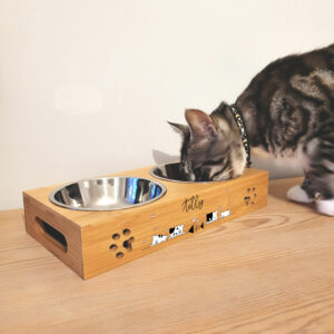 personalised bamboo and stainless steel cat bowls