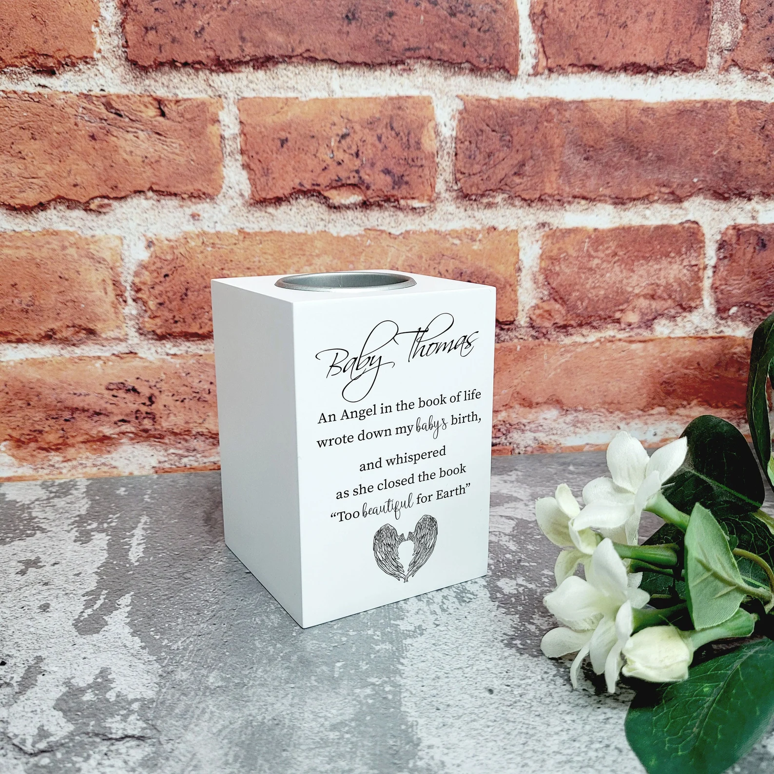 Personalised Memorial T-Light Candle Holder - Angel, Book of Life